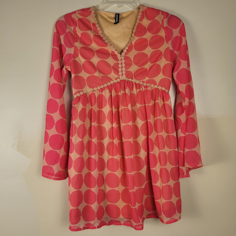 Sassafras Pink Polka Dot Babydoll Tunic Mini Dress Bell Sleeve Lace Trim Medium